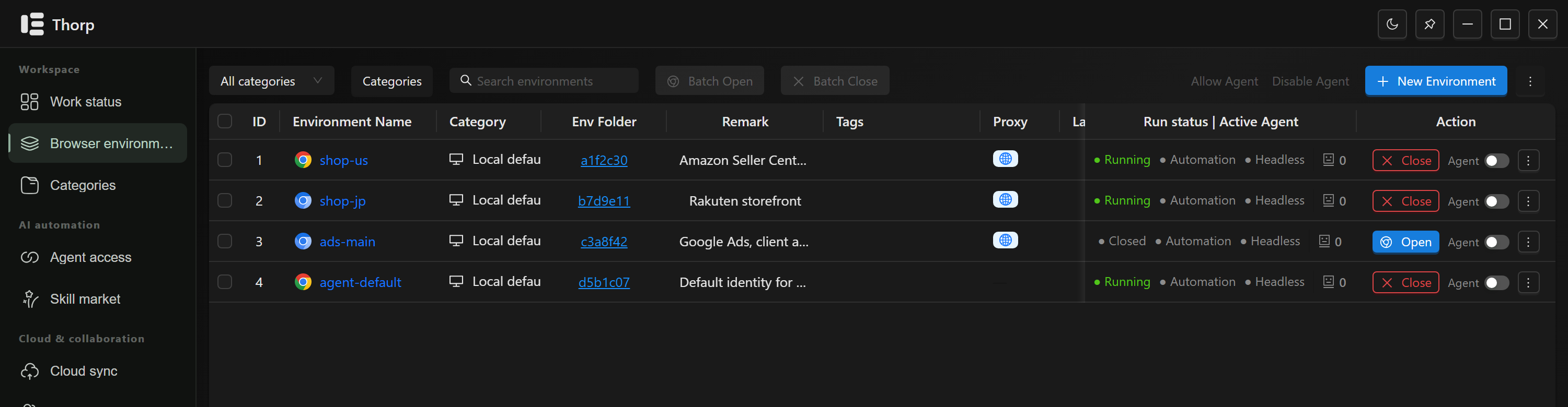 Thorp browser environments with example names, categories, data folders, proxies and running status.