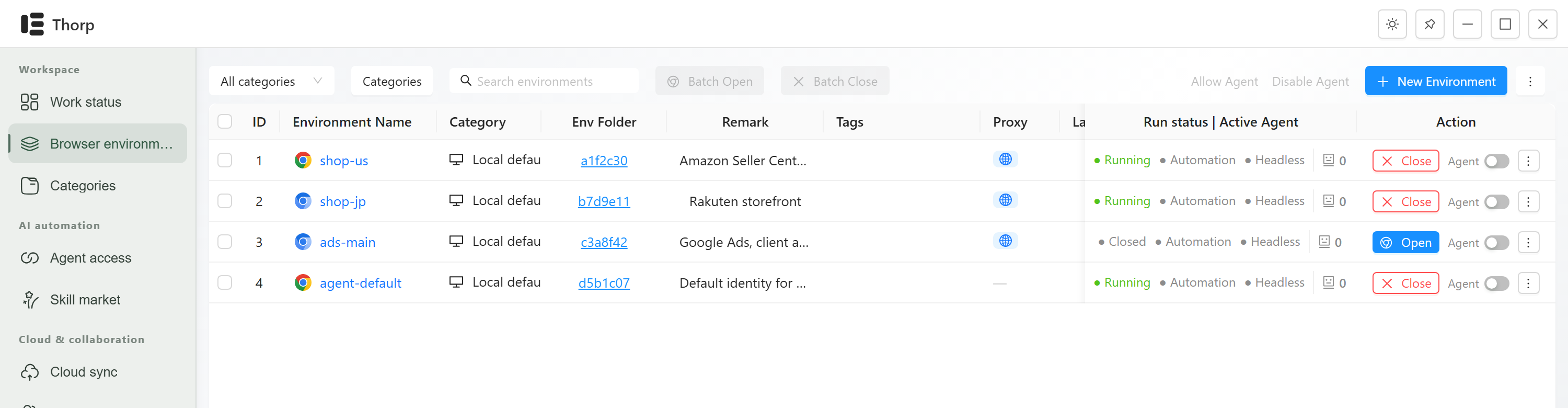 Thorp browser environments with example names, categories, data folders, proxies and running status.