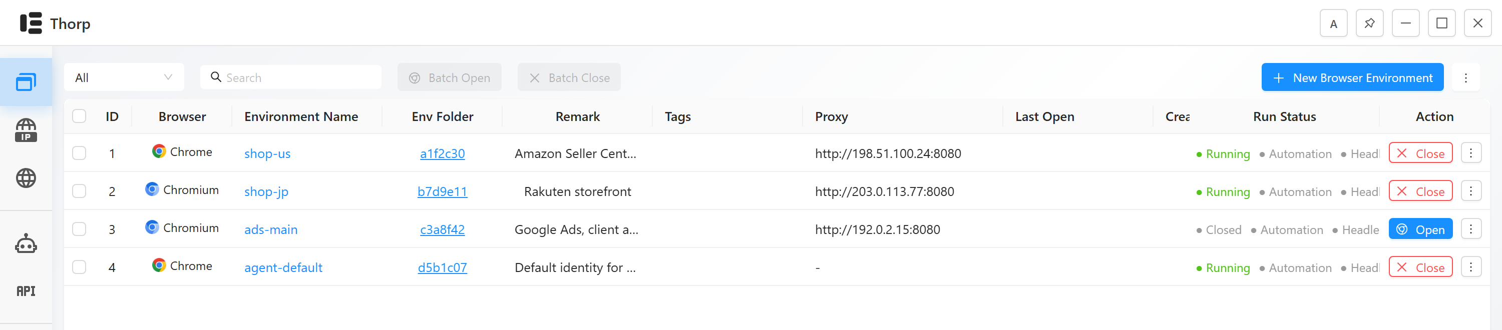 The Thorp desktop list of browser environments: one row per environment showing browser, name, data folder, proxy and run state.